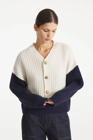 Suyor Fancy Ribs Sweater / Cardigan — NAVY / WHITE
