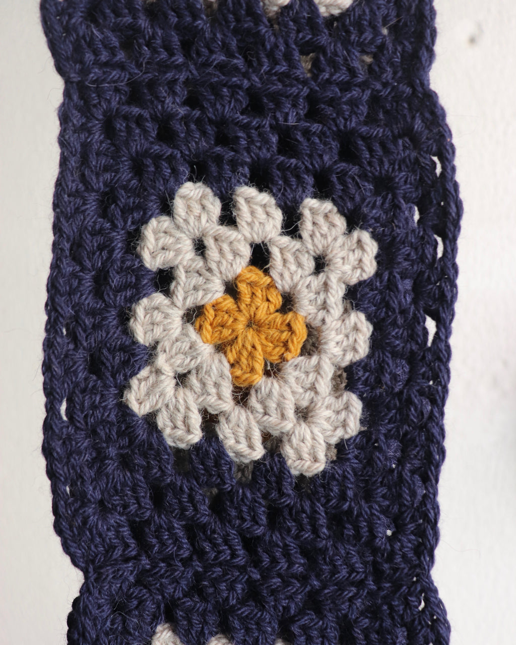 EARLYMADE Hand-knitted Granny Squares Scarf — NAVY/STONE/YELLOW — UNIQUE — LAST PIECE