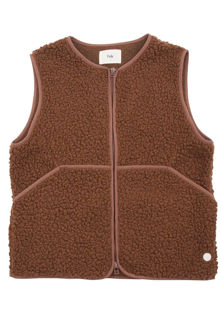 Collarless Puzzle Gilet Wool — BROWN