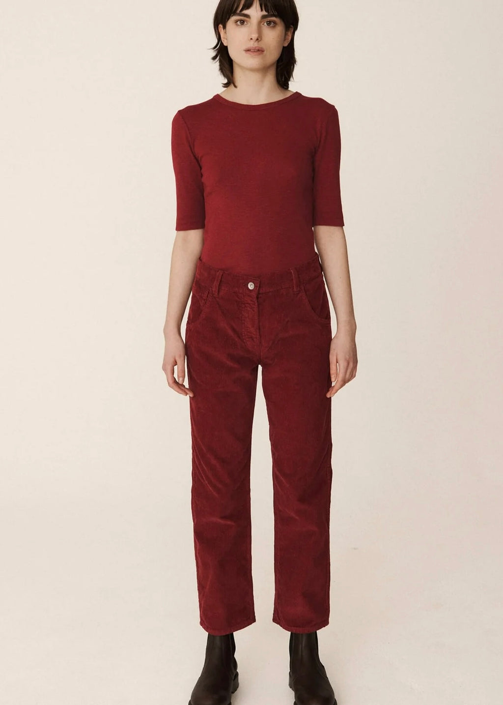 Geanie Cotton Jeans Pants — BURGUNDY