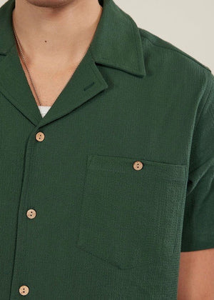 Cuban Collar Seersucker Shirt — GREEN
