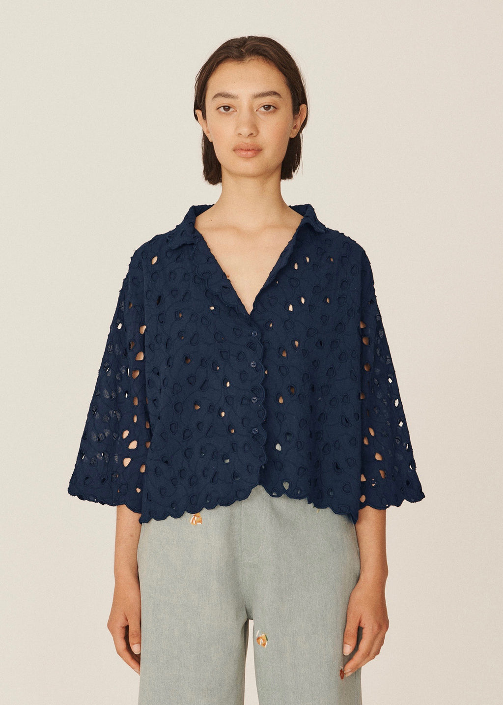 Dita Broderie Anglaise Shirt — NAVY