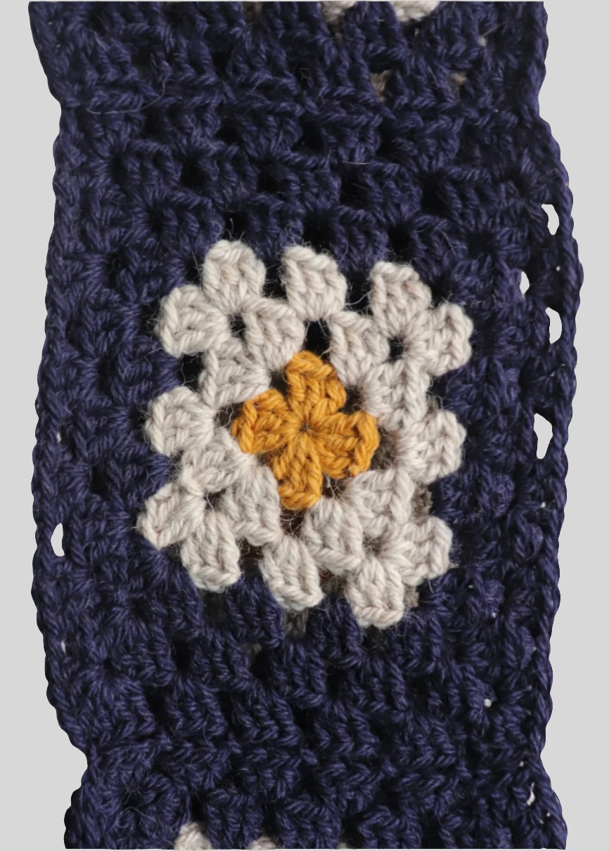 Hand-knitted Granny Squares Scarf — NAVY/STONE/YELLOW — UNIQUE