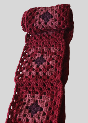 EARLYMADE Hand-knitted Granny Squares Scarf — BURGUNDY/ROSE/PURPLE — UNIQUE