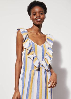 Ramatuelle Striped Frill VIiscose Linen Dress — MULTI