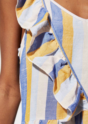 Ramatuelle Striped Frill VIiscose Linen Dress — MULTI