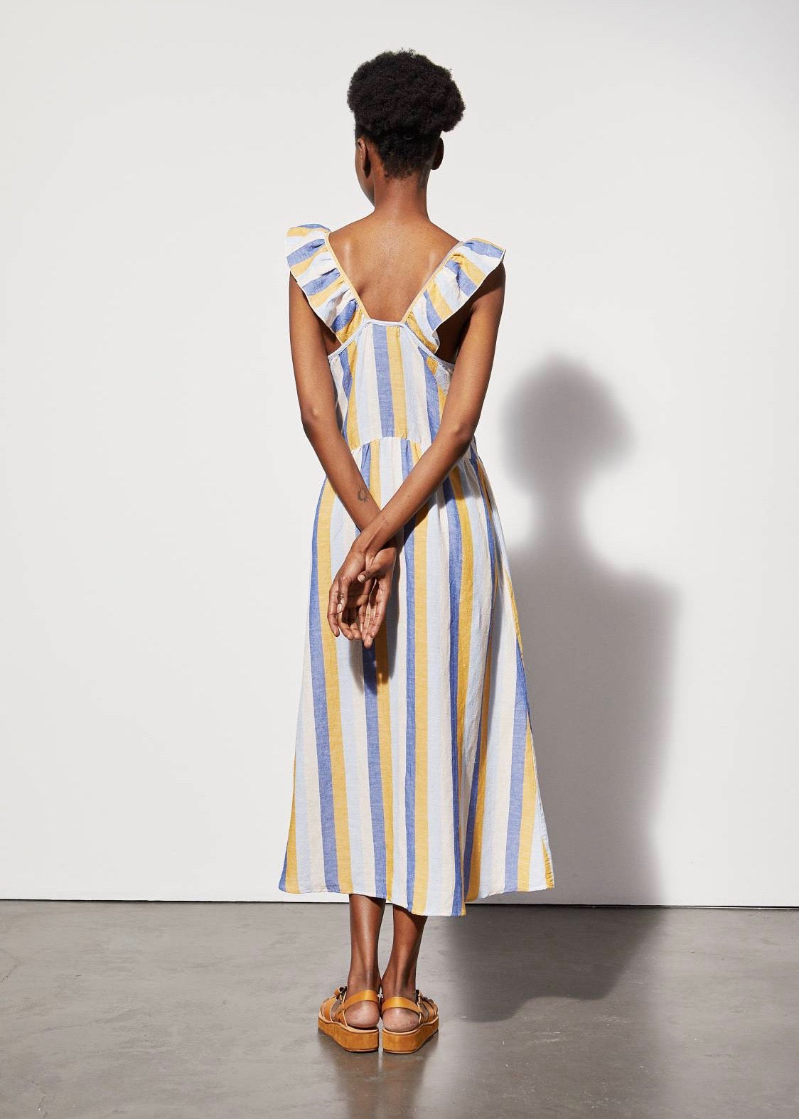 Ramatuelle Striped Frill VIiscose Linen Dress — MULTI
