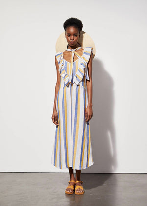 Ramatuelle Striped Frill VIiscose Linen Dress — MULTI