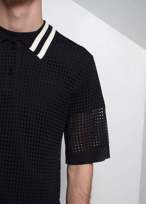 Sanoli Eyelet Polo Sweater — BLACK