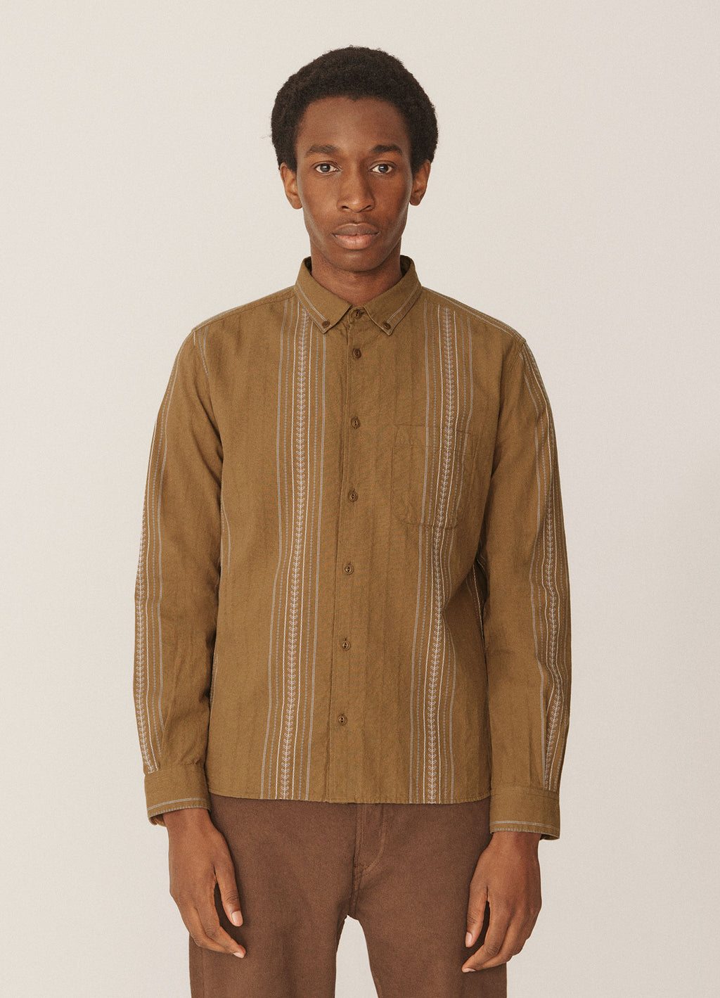 YMC Dean Embroidered Jacquard Cotton Shirt - BROWN