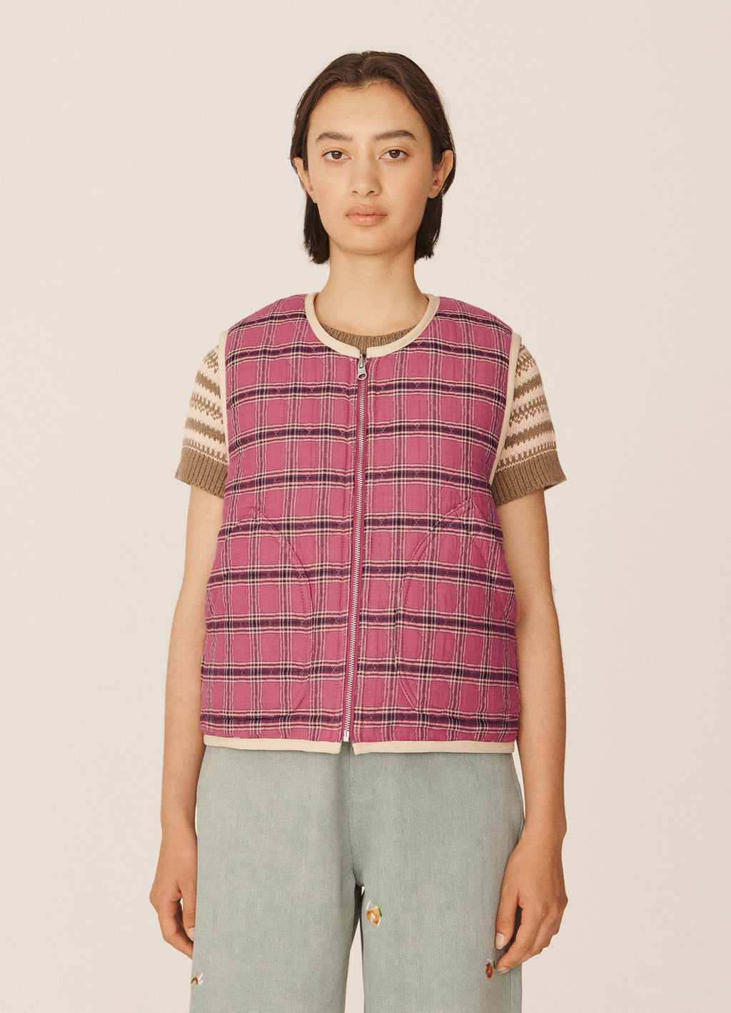 YMC Jackie Diamond Quilted Check Gilet - PINK - Last Piece